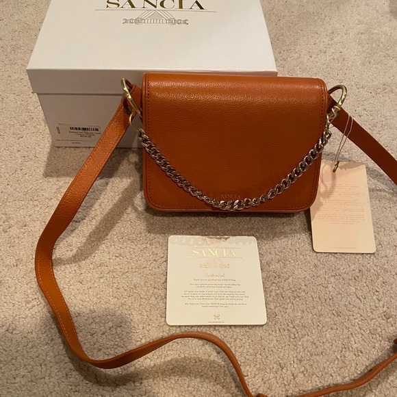 New with tags Sancia Babylon Bar Bag - cognac color - gold hardware-